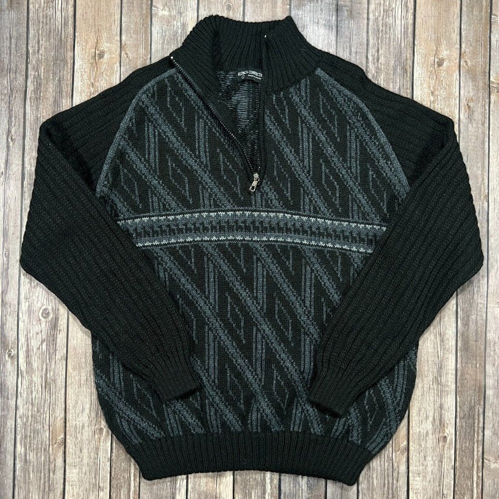 Alpaca Connection Wool Blend Quarter Zip Knit Pullover Sweater Large Black Mens